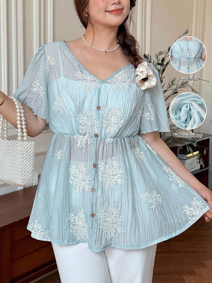 SHEIN LUNE 女士加大码V领花朵图案纽扣装饰荷叶袖衬衫,适合秋季、学校、乡村、复古风格,也适合教师穿着。 - 彩色 - 查看 1