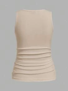 SHEIN LUNE 2pcs Solid Color Khaki & Black Round Neck Fitted Ribbed Waist Ruched Camisole, Suitable For Autumn Layering,Casual - Multicolor - View 5