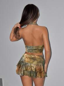 SHEIN ICON Halter Neck Printed Tank Top And Low Waist Mini Skirt Set - Multicolor - View 2