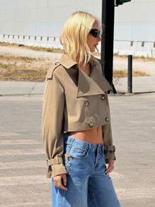 SHEIN ICON Women's Fashion Solid Color Double-Breasted Short Trench Coat Crop Top Jacket Summer Jacket Khaki Jacket Oversized Jacket Cropped Jacket In Fall/Winter