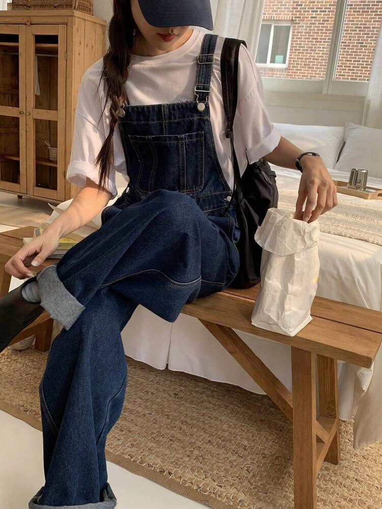 Women's Korean Style Washed Vintage Denim Bib Overalls And Jumpsuit