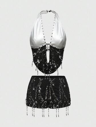 Grunge Punk Conjunto de mujer con colgante de cruz metálica, parches de PU, red de pesca y cuentas, estilo halter sin espalda, para festivales de música Y2K Baddie