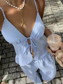 SHEIN Unity 2 piezas/Set Vestido informal de tirantes a rayas para mujer, conjunto de verano - Multicolor - Ver 3