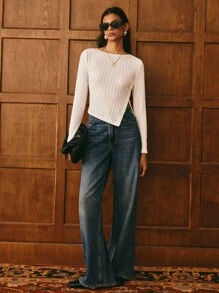 Poéselle 女士时尚纯色纽扣不对称下摆长袖衬衫 - 白色 - 查看 1