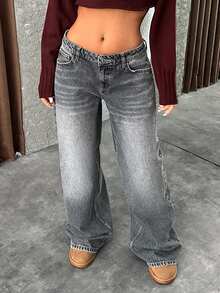 EURMUSE Dżinsy z niskim stanem i szerokimi nogawkami w stylu Y2K w kolorze szarym, wysokie