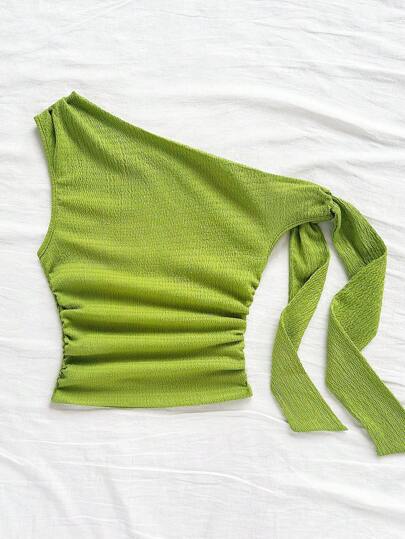 SHEIN Blusa asimétrica de hombro con tirantes de lazo, ajustada y fluida en color amarillo claro, adecuada para fiesta, vacaciones, festival de música, estilo bohemio, vacaciones, té de la tarde, ganchillo, lino, para niña preadolescente