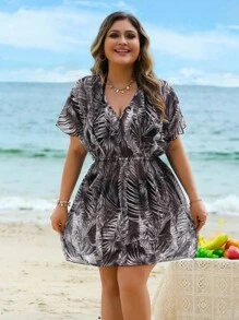 Swim Lushoire 大码女式随机印花V领短袖宽松休闲罩衫 - 黑與白 - 查看 3