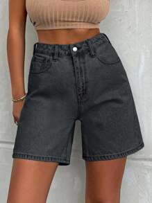 EURMUSE 100%Cotton LIGHT WASH HIGH WAIST SHORT - Dark Grey - View 8
