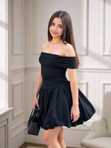 Teen Girls' Casual Elegant Chic Street & Commuting Mixed Solid Off Shoulder Patchwork Lantern Hemline Snug Fit Dress, Black - Black - View 8