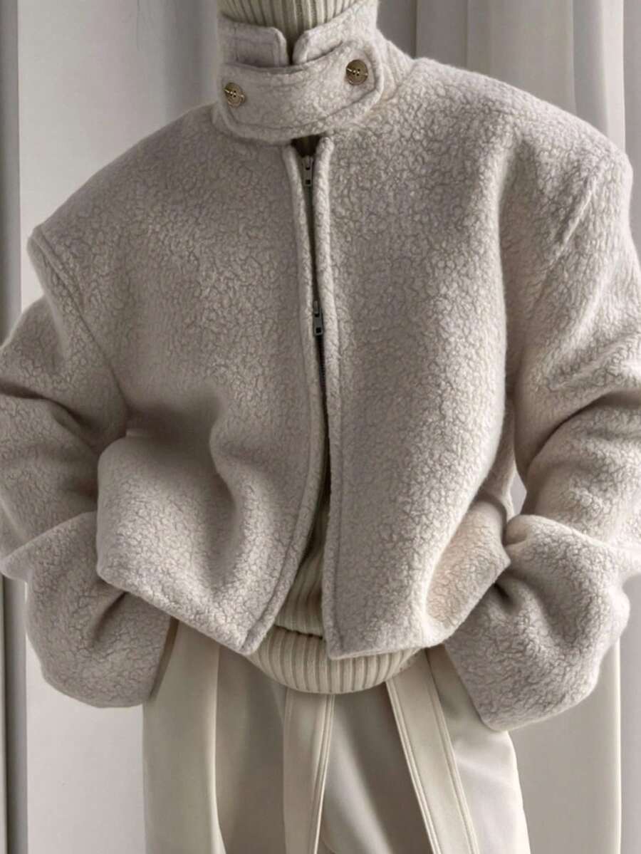 DAZY 女士休闲立领夹克，秋冬女式外套 - 杏色 - 查看 1