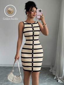 Elenzga Women's Striped Round Neck Single-Breasted Sleeveless Fitted Mini Dress