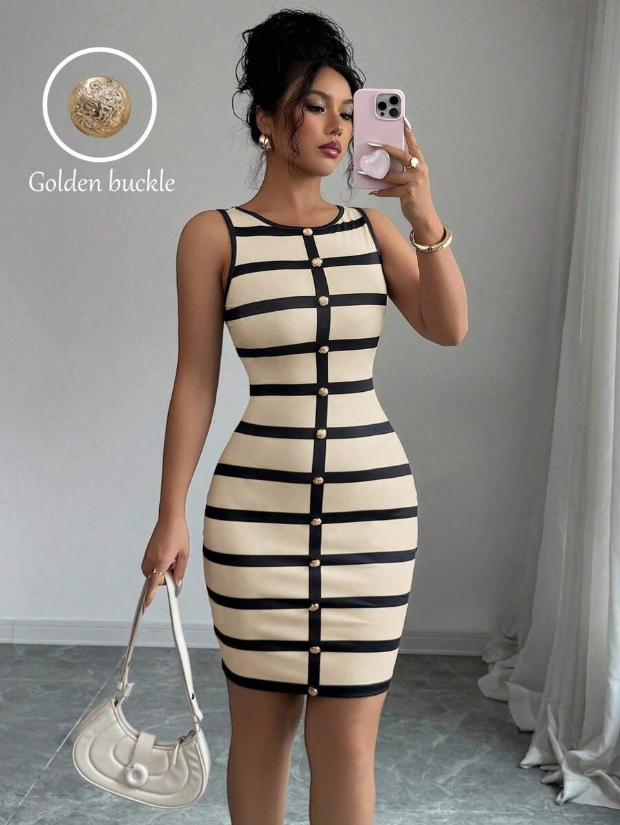 Elenzga Women's Striped Round Neck Single-Breasted Sleeveless Fitted Mini Dress