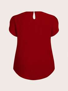 SHEIN LUNE Blusa casual de mujer talla grande con cuello redondo plisado, mangas con volantes y unicolor