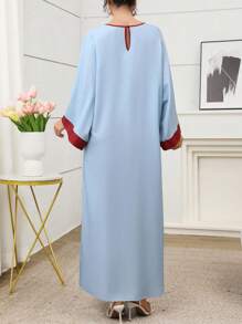 Al Najma 女式宽松撞色镶边圆领土耳其长裙，传统阿拉伯风格 - 藍色 - 查看 6