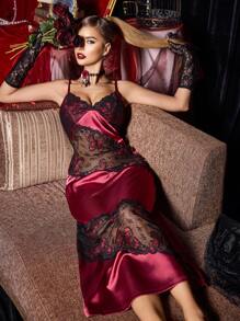 SilkySpell 性感女式缎面睡袍：多色性感蝴蝶蕾丝拼布缎面，高开叉下摆性感正式长裙
