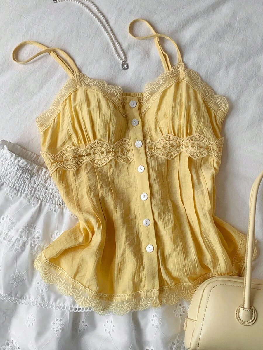 Comfortcana Women Yellow Lace Insert Button Design Summer Camisole Top Vintage
