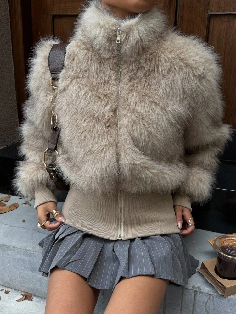 Women's Solid Color Long Sleeve Short Stand Collar Faux Fur Jacket Y2k Women Coats