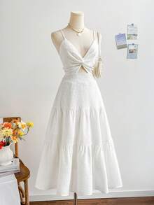 Soleia Váy midi không tay dáng suông xẻ tà màu trơn dành cho nữ, thời trang mùa hè - trắng - Xem 6