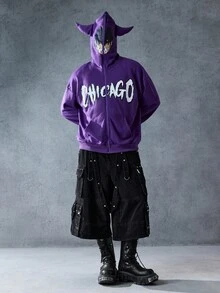 ROMWE MEN Anime Men's Casual Daily Letter Pattern Zip-Up Sweatshirt , Fall - Purple - View 6