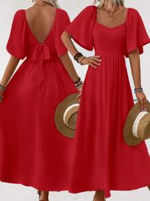 Breezaya 女式红色波西米亚风方形优雅领口浪漫毕业生日礼服音乐会服装海滩女士服装泡泡袖露背连衣裙带蝴蝶结春夏超长度假长裙 - 紅色 - 查看 3