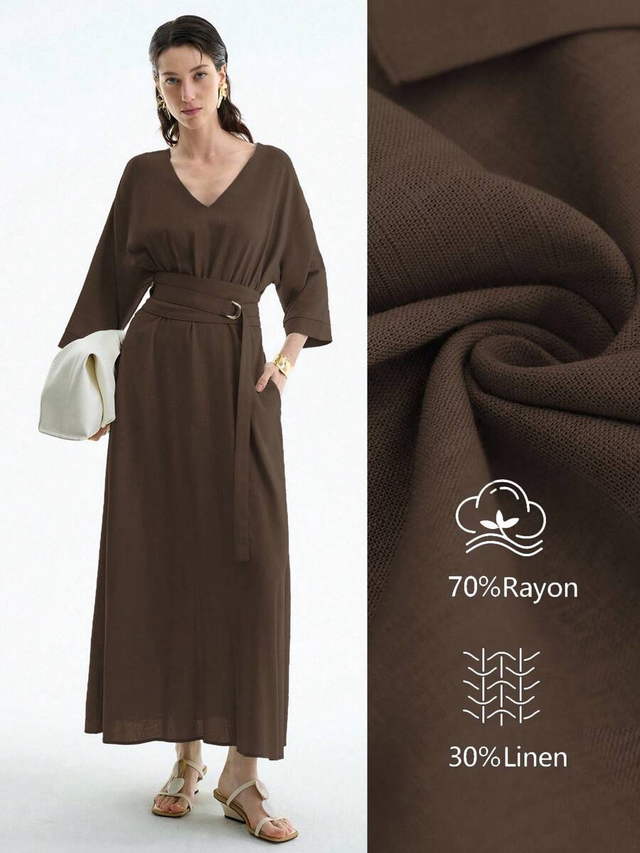 Aalyst 女士优雅简约高端休闲度假连衣裙，V 领，插肩袖，腰带，金属 D 形环装饰，A 字形，3/4 袖，中长款，春夏 - 咖啡棕 - 查看 1
