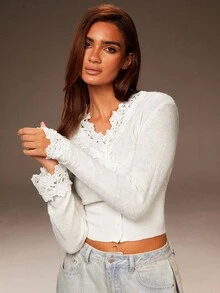Athîral Creamy White Lace Knitted Long-Sleeved Top, Knitted Cardigan, Fall Fashion, Christmas, Going-Out Top - White - View 1