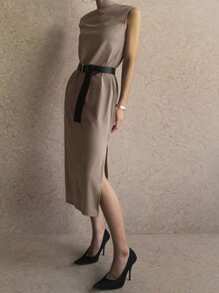 DAZY Women's High Neck Straight Slit Midi Dress - Khaki - View 5