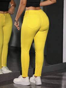 SHEIN PETITE 女式口袋紧身休闲百搭牛仔裤 - 黃色 - 查看 2