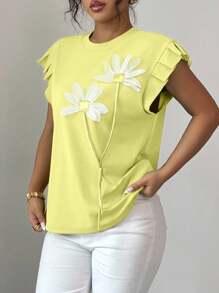 Elenzga Women's 3D Floral Decor Round Neck Loose T-Shirt With Flutter Sleeves , Summer - Yellow - View 3