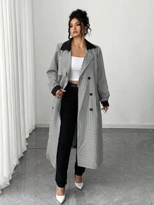 Elenzga Plus Size Women's Black & White Plaid Contrast Color A-Line Double-Breasted Elegant Trench Coat, Autumn/Winter Fall Cloth For Women - Black and White - View 4