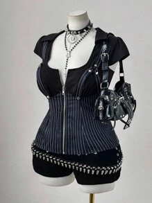 Flirla 大码女式时尚条纹二合一吊带修身衬衫