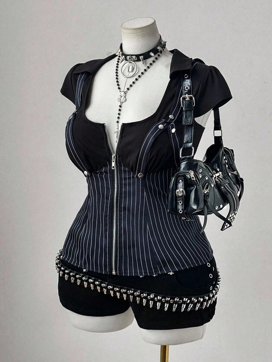 Flirla 大码女式时尚条纹二合一吊带修身衬衫