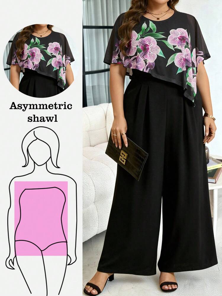 Plus Size Women's Floral Print Ruffle Trim Wide Leg Jumpsuit, For Holiday/Vacation  Women Plus Clothing Business Casual Woman S Summer Clothes,Office Outfits For Women,Work Dresses For Women, Business Casual Woman,Tea Party Dress,Women Summer Clothes,Poncho,Teacher Outfits For Women Fall Clothes Plus Size,Office Outfits For Women,Back To School,Teacher Outfits For Women,Wedding Guest Dress Women