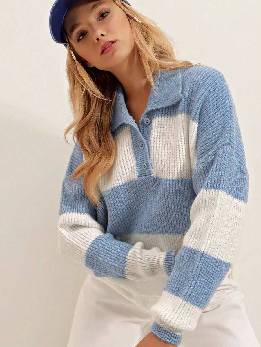 RueChic Colourblock Drop Shoulder Ribbed Knit Jumper - Blue and White - View 1