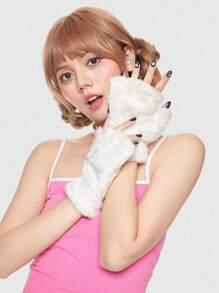 ROMWE Kawaii Găng tay hở ngón thêu hình bàn chân mèo hoạt hình dễ thương, Găng tay nửa ngón bằng vải nhung ấm áp dùng cho cosplay, sử dụng ngoài trời thường ngày vào mùa thu/đông - trắng - Xem 6