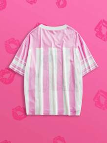 Betty Boop x SHEIN Slaydiva 大码卡通人物条纹宽松V领落肩粉色短袖棒球网眼T恤