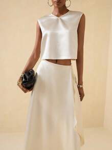 Vesra Conjunto de 2 piezas para mujer compuesto por una blusa de satén brillante con escote en V, holgada y corta sin mangas con bajo asimétrico y con volantes, y una falda con cintura elástica, en color albaricoque. Elegante, de lujo y versátil, apto para múltiples ocasiones. - Albaricoque - Ver 6