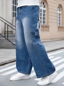 Manfinity Homme Men's Casual Loose Fit Multi-Pocket Blue Denim Cargo Pants, Street Style Baggy Jeans Loose Jeans - Medium Wash - View 4