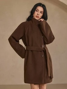 DAZY Women's Solid Color Single-Breasted Stand Collar Waist Trench Coat Fall,Winter