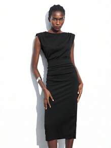 Maija Solid Shoulder Pad Ruched Waist Fitted Dress Workwear,Autumn Outfits For Women - Black - View 5