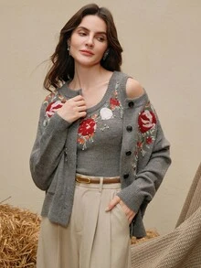 Anewsta Women's Casual Fashion Embroidered Rhinestone Knit Vest - Grey - View 6