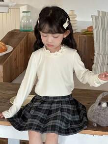 DAZY Camiseta básica de manga larga con cuello de volantes y unicolor para niñas - Albaricoque - Ver 5