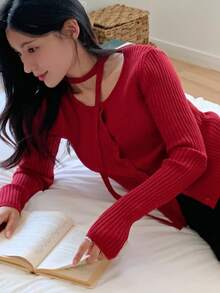 DAZY 女士红色修身开衫 秋冬 - 紅色 - 查看 1