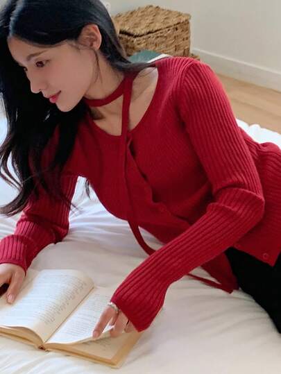 DAZY 女士红色修身开衫 秋冬