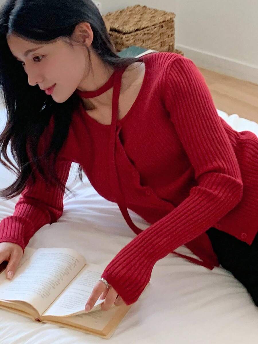 DAZY 女士红色修身开衫 秋冬 - 紅色 - 查看 1