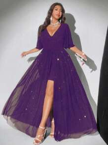 Viva Relle 大码深 V 领闪亮派对长裙，短袖 - 紫色 - 查看 4