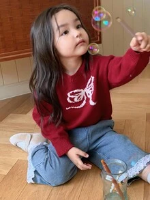 DAZY 女婴休闲圆领撞色长袖毛衣，秋冬季幼儿女童服装 - 紅色 - 查看 5