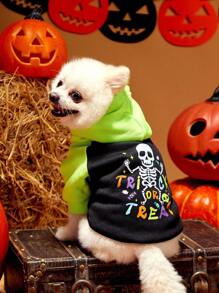 PETSIN 1pc Pet Halloween Colorblock Cute Skull & Letter Print Thermal Lined Hoodie Sweatshirt - Multicolor - View 1
