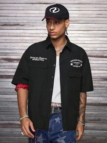 AXEPEAK 男士休闲多口袋印花短袖衬衫，夏季