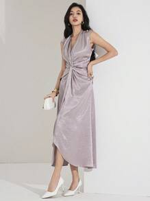 Heiryn 女式纯色扭结无袖金属扣装饰连衣裙 - 粉色 - 查看 5